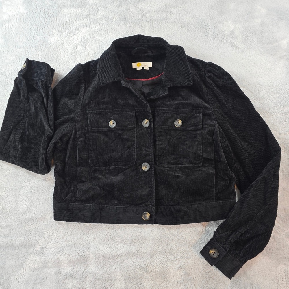 Boden Women Sz 8 Black Y2K Utility Jacket Cropped Corduroy Puff Shoulder Trucker